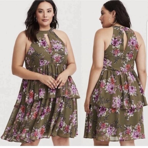 Torrid Dress Size 3 Floral Chiffon Ruffled High Neck Olive Green Layered New - Picture 2 of 9